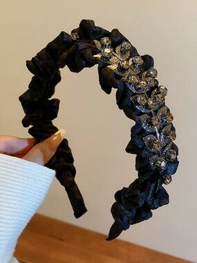 Luxury Beaded Black Ruched Headband - Modern Vintage Style